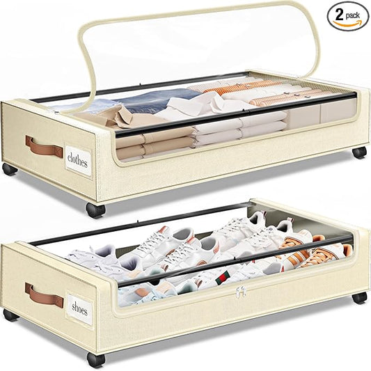 SpaceHacks Under Bed Storage with Wheels 2Pack Underbed Storage with Clear Window&Label Under Bed Drawers Large Capacity Rolling Under Bed Storage for Clothes,Shoes, Blankets (Beige)