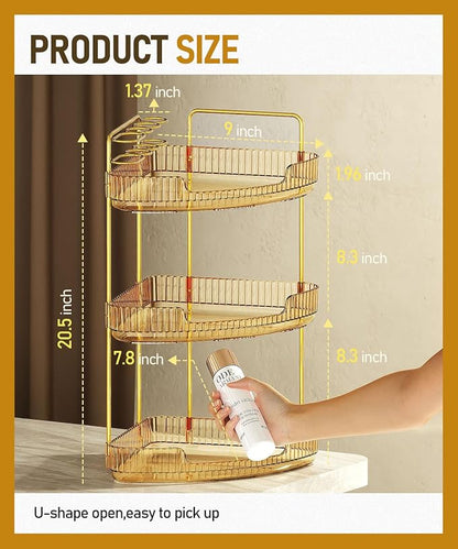EUHOME 3-Tier Corner Bathroom Counter Organizer Makeup Cosmetic Storage, Tool-Free Installation Acrylic Vanity Shelf, Countertop Storage Organizers Perfume Tray for Bathroom, Dresser, Kitchen (Gold)