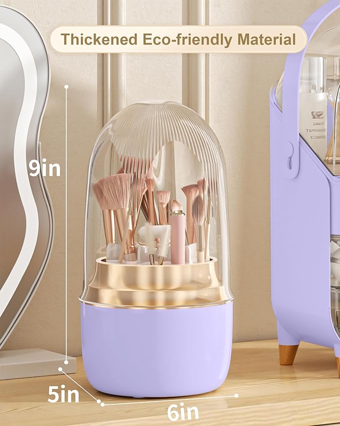 Anylady Makeup Brush Holder 360 Rotating, [Upgrade & with Cover] Makeup Brush Organizer for Vanity Countertop Bathroom (Purple)