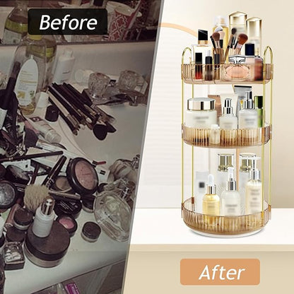 360 Rotating Makeup Organizer for Vanity,3 Tier Large Capacity Skincare Organizers,Bathroom Counter Organizer, transparent Spinning Perfume Organizer & Vanity Organizer (Gold-3 Tier)