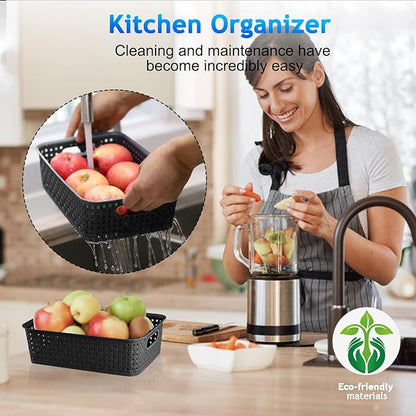 FUCDTEFC Black Plastic Basket, 8 Pack Home Organization and Storage Baskets with Handles, Space Saving Woven Organizer Bins Plastic Storage Basket for Organizing Cabinets,Closets, Shelves, Countertops