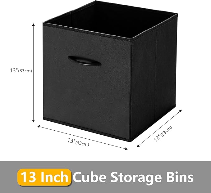 WUIKE 13-Inch Black Storage Cube Bins, Leather Front Cubby Organizer Baskets with Handles, Collapsible Storage Bins for Shelves and Closet, 4-Pack