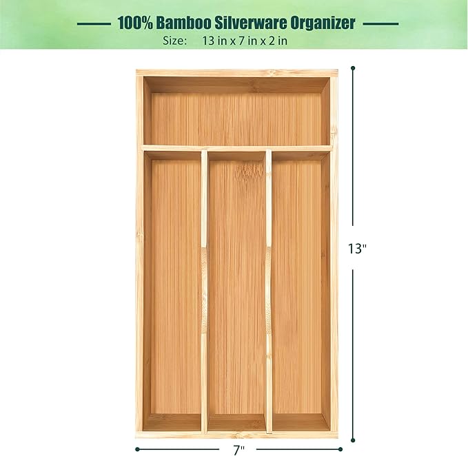 guiogc Bamboo Kitchen Drawer Silverware Organizer, 7 Inch Silverware Utensils Tray Holder for Small Drawer, Wood Caddy for Flatware Cutlery Knives 4-Slots