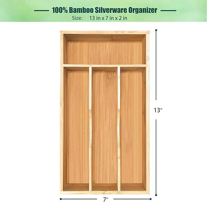 guiogc Bamboo Kitchen Drawer Silverware Organizer, 7 Inch Silverware Utensils Tray Holder for Small Drawer, Wood Caddy for Flatware Cutlery Knives 4-Slots