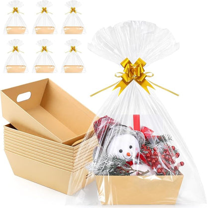 AFOROEOA 10PACK Baskets For Gifts Empty, 10 x 8”Thick Kraft Gift Basket with 10 Clear Gift Bags and 10 Pull Bows, Empty Gift Baskets for Christmas, Thanksgiving Wedding Birthday Party Wrapping Gift