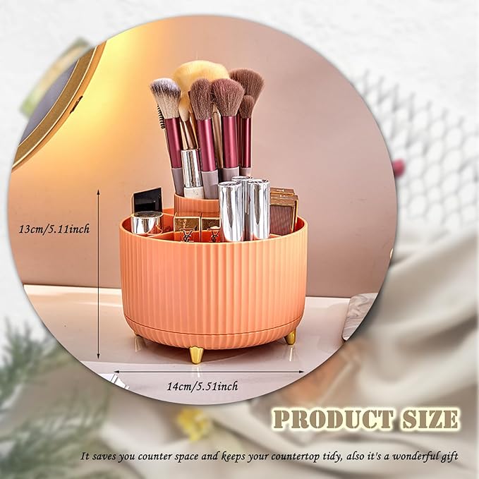 360 Rotating Makeup Brush Holder, Makeup Desk Organizer with 5 Slots Cosmetic Brushes Storage,Makeup Organizer for Vanity, Bedroom Decor, Bathroom Organizer (Orange)