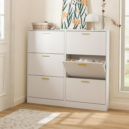 LYNSOM Shoe Cabinet, Free Standing Tipping Bucket Shoe Rack Organizer with 3 Flip Drawers, Modern Entryway Shoe Storage with Top Display, Narrow Slim Hidden Shoe Cabinet (White)