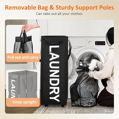 Optish Laundry Basket with Wheels, 90L Rolling Laundry Hamper with Wheels, Large Clothes Hamper on Wheel with Removable Mesh Bag for Bedroom, Dorm Room Essentials, Black