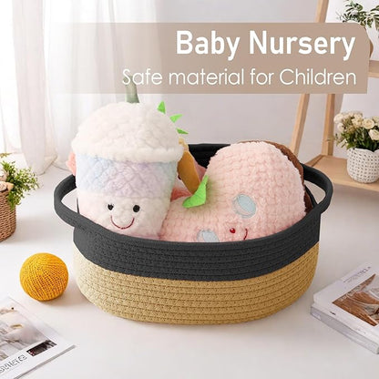 JMvicyroam Woven Basket,Small Rope Storage Bin with Handles & Ribbon Bag, Organizer for Shelves Closets,Gift Basket Empty for Birthday,Books,Dog Toys, Black&Jute/2 Pack