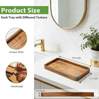 Wooden Bathroom Vanity Tray, 9.9" Small Decorative Wood Trays for Home Kitchen, Acacia Wood