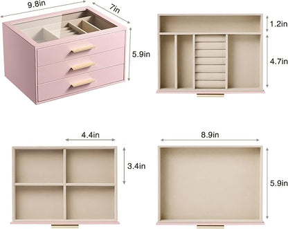 pickpiff Jewelry Box Organizer Case for Women: 3-Layer Jewelry Storage Case with Glass Window, Pink Leather with Velvet Holder for Ring Necklace Bracelet Brooch Watch, Great Gift for Her
