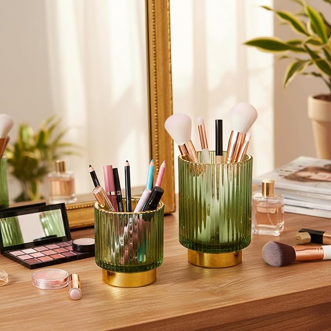 2 Pack Glass Makeup Brush Holder Organizer, Crystal Glass Toothbrush Holders, Desk Pen Pencil Holder, Multifunctional Vintage Brush Cup for Desk Vanity Bathroom Bedroom
