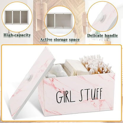 Tampon Holder for Bathroom with Movable Dividers Shark Tampon Storage Container Week with Lid Farmhouse Pad Container Box Feminine Product Organizer Girl Stuff Box for Bathroom(Pink Marble)