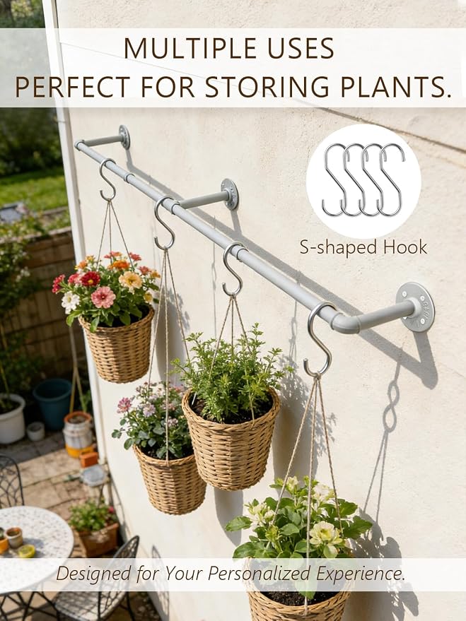 Aduanbang 65.7in Industrial Pipe Wall Mounted Clothes Rack, Heavy Duty Detachable Iron Garment Bar, Rustic Space-Saving Hanging Rod for Bedroom, Closet – Silver Gray,4 hooks