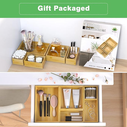 Bamboo Bathroom Drawer Organizer Dividers, Wooden Kitchen Utensil Holder Set of 5, Stackable Junk Drawer Organizer Tray, Multi-Use Storage Bins Boxs for Home, Office, Clothing, Makeup, Jewelry