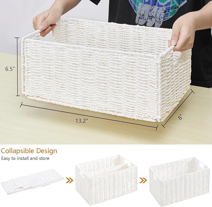 Vagusicc Wicker Storage Basket, Set of 2 Hand-Woven Paper Rope Wicker Basket, Small Storage Baskets for Organizing Toilet Paper Basket, Foldable Large Cube Storage Organizer Bins for Shelves (White)