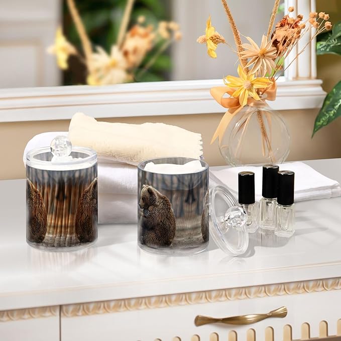 Sitting Bear Pattern Qtip Holder 2 Pack - 10 Oz Clear Plastic Apothecary Jar Set for Bathroom Organization - Versatile Canister Storage for Cotton Balls, Swabs, Rounds