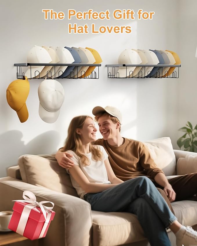 Hat Rack for Wall, 2 Pack Large Hat Organizer with More Hooks, Holds 56 Caps, Metal Wall Mounted Hat Holder for Baseball Caps, Closet Bedroom Kitchen Bathroom, Black