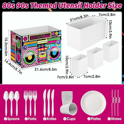 2PCS Boom Box Utensil Holder Retro Radio Utensil Caddy for 80s 90s Party Decorations Paper Cutlery Holder with Handles for Hip Hop Birthday Party Supplies Disposable 1980s 1990s Disco Cutlery Caddy