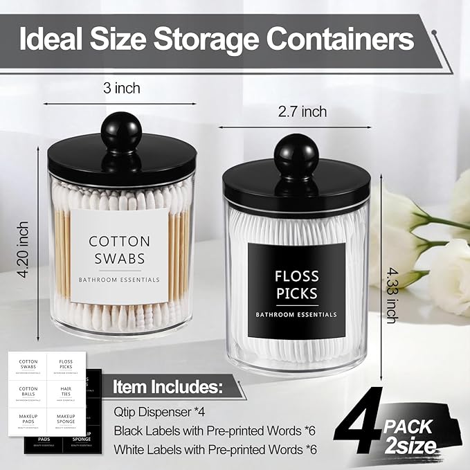 SheeChung 4 Pack Acrylic Qtip Holder Dispenser,Bathroom Jars with Lid Set for Cotton Swabs,Balls,Pads,Floss,Clear Plastic Canisters Apothecary Jar,Bathroom Essential Makeup Vanity Organizer(10oz-12oz)