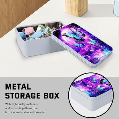Metal Tin Box with Lid for Game Cards Home Organizer Candles Keys Crafts Storage - Equipped with 4 Magnetic Cord Clips，Purple Moon Blue Butterfly