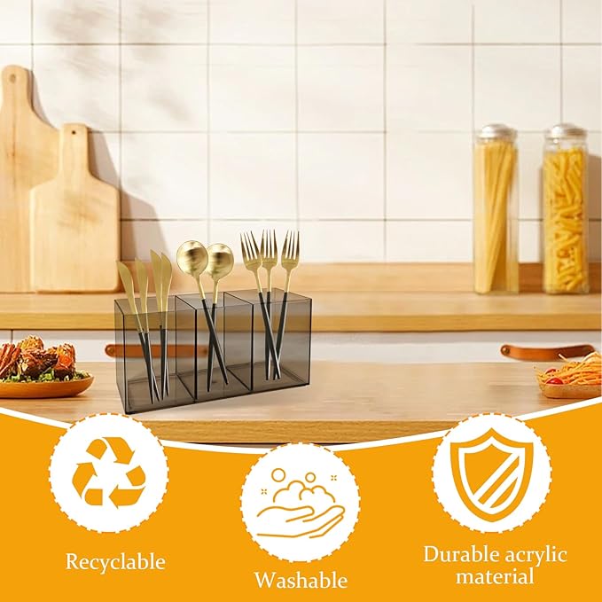 Acrylic Cutlery Organizer, 3-Sectio Clear Plastic Utensil Storage Caddy for Kitchen Countertop, Holds Forks, Knives & Spoons (Transparent gray, 7.1 * 2.6 * 3.5In)