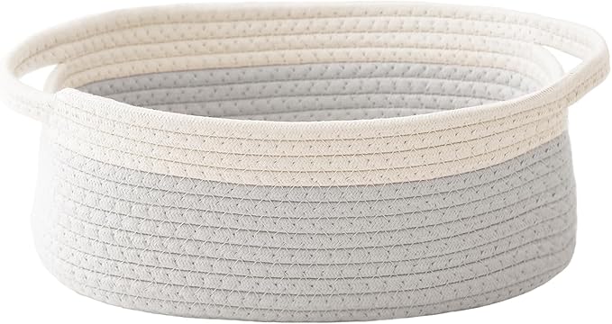 JMvicyroam Woven Basket,Small Rope Storage Bin with Handles & Ribbon Bag, Organizer for Shelves Closets,Gift Basket Empty for Birthday,Books,Dog Toys, White&Grey