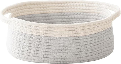 JMvicyroam Woven Basket,Small Rope Storage Bin with Handles & Ribbon Bag, Organizer for Shelves Closets,Gift Basket Empty for Birthday,Books,Dog Toys, White&Grey