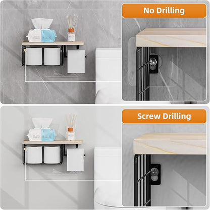 VITVITI Toilet Paper Holder with Shelf, Wall Mounted Toilet Paper Storage Basket, Wood Metal Toilet Roll and Wipes Holder for Bathroom Farmhouse (Natural)