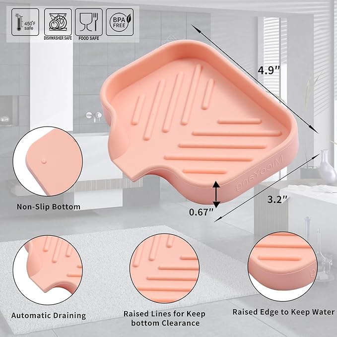 MicoYang Silicone Bathroom Soap Dishes with Drain Spout-Bathroom and Kitchen Sink Organizer,Sponge Holder,Dish Soap Tray,Perfect for Dispenser,Scrubber,Bottle,Cup on Sink or Counter-Pink 4.9"×3.2"