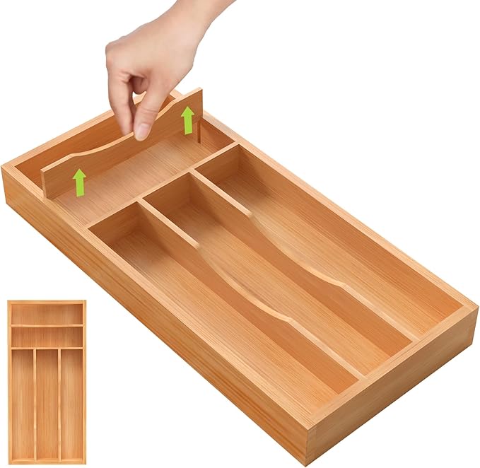 Unibambou Bamboo Utensil Drawer Organizer with Removable Dividers, Kitchen Organizer for Flatware Cutlery, Silverware Tray for Drawer (5/4 Flexible Slots, Natural)