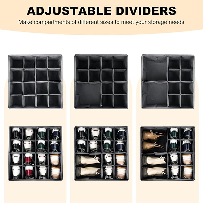 Fabric Shoe Organizer for Closet, Foldable Shoe Storage Bins with Clear Cover, Shoe Container with Adjustable Dividers, Fits up to 16 Pairs, Gray