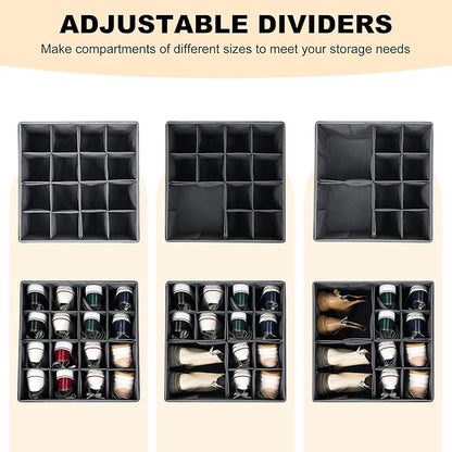 Fabric Shoe Organizer for Closet, Foldable Shoe Storage Bins with Clear Cover, Shoe Container with Adjustable Dividers, Fits up to 16 Pairs, Gray