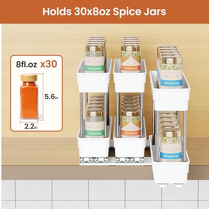 Mystozer Pull Out Spice Rack Organizer for Cabinet, Slide Out Spice Racks Organizer, Easy to Install Spice Cabinet Organizers, 2.3''Wx10.66''Dx8.11''H, 3 Packs-2 Tiers (White)