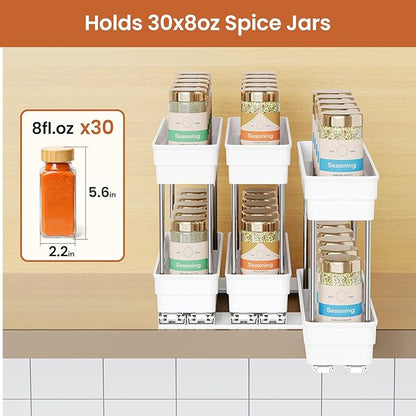 Mystozer Pull Out Spice Rack Organizer for Cabinet, Slide Out Spice Racks Organizer, Easy to Install Spice Cabinet Organizers, 2.3''Wx10.66''Dx8.11''H, 3 Packs-2 Tiers (White)
