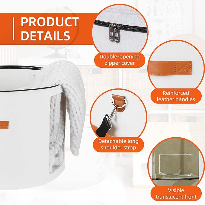 Large Hat Storage Box 19'' for Women and Men - Foldable Round Box With Lid, Felt Stuffed Animal Toy Storage Bin, White