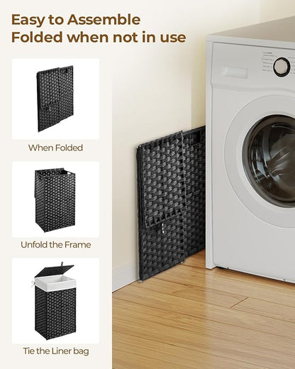 Greenstell Laundry Hamper with Lid, 60L Clothes Hamper with 2 Removable Liner Bags & 2 Mesh Bags, Handwoven Synthetic Rattan Basket, Toys in Bathroom, Bedroom Black
