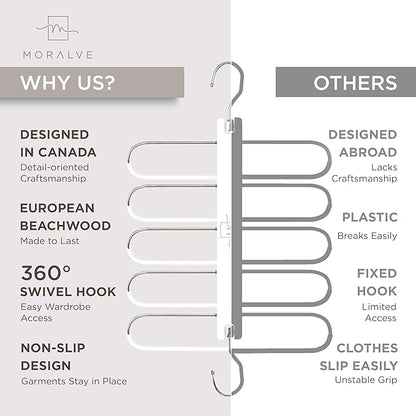 MORALVE Pants Hangers Space Saving - 4 Pack European Beechwood Scarf and Jean Hangers - Closet Organizer and Space Saver Pant Rack, Leggings Hanger, and Scarf Holder with 360° Swivel Hook
