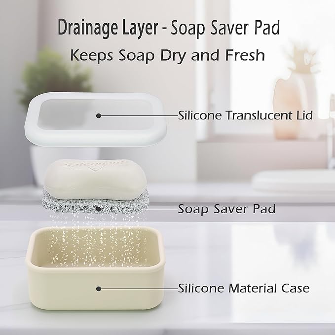 AIDIMMING Enhanced Leak Proof Traveling Soap Container,Compact Silicone Travel soap case with Drainage Layer,Shatterproof Soap Box with a See-Through lid for Bathroom,Gym,Camping (Clear&Offwhite)