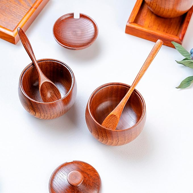 Wood Salt Pepper Bowl, Spice Box with Lid Spoon Salt Cellar Keeper Spice Bowls Cooking Sugar Holder for Kitchen Seasoning Container Holder
