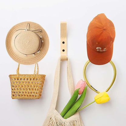 Daily Treasures 4 Pack Hats Storage Wall Mounted,Wooden Hat Rack Hook,Double Hook Design Wall Mounted for Coat,Adhesive/Wall Caps Holder Drilled for Door, Bedroom, Closet（Beech Wood）