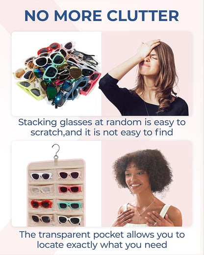 BAGSMART Hanging Jewelry Organizer, Dust Proof Sunglasses Storage Case Wall Mounted, Travel Dual Sided Glasses Case Multiple Pairs, Eyeglasses Holder with 32 Clear Slots & Metal Hook, Pink