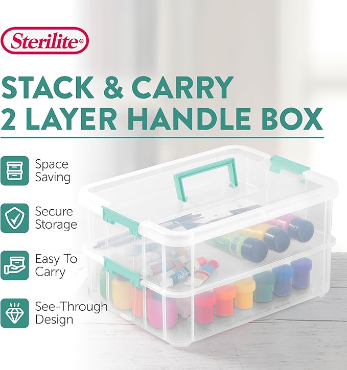 Sterilite 8-Pack Stack & Carry, 2 Layer Handle Box for Home & Office Storage - Clear Base & Lid with Color Latches, Organizer for Art & Craft Supplies, Sewing Tools or 8.5" x 11" Paper