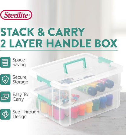 Sterilite 8-Pack Stack & Carry, 2 Layer Handle Box for Home & Office Storage - Clear Base & Lid with Color Latches, Organizer for Art & Craft Supplies, Sewing Tools or 8.5" x 11" Paper