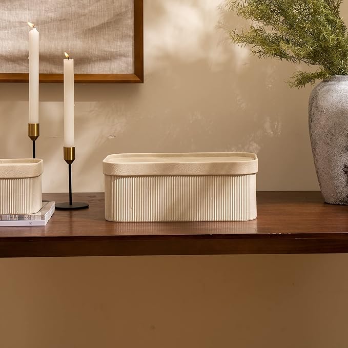 LA JOLIE MUSE Fluted Cardboard Storage Baskets with Leather-Like Lids, Sturdy Stackable Paper Boxes Decorative Tray, Light Grey, Set of 3