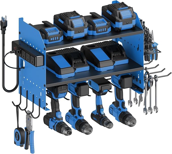 CCCEI Modular Power Tools Organizer Charging Station, Drills and Battery Storage Wall Mount, Garage Shop Organization, Anniversary, Birthday, Gifts for Men, Father, Blue, 1 Pack.