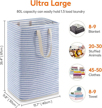 Lifewit 1 Pack Laundry Basket 80L Each, Collapsible Clothes Hamper with Reinforced Handles, Freestanding Waterproof Design for Bedroom and Laundry Room, Blue 80L Total