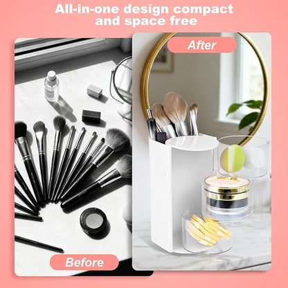 Hair Accessories Organizer with Hair Brush Holder, Rotatable Makeup Brush and Jewelry Storage Box for Hair Clips, Earrings, Necklaces, Bracelets, Rings, and Daily Accessories (White, 3-Layer)
