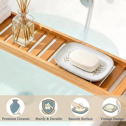 HighHerz Aesthetic Ceramic Soap Dish for Shower, Soap Holder with Raised Relief, Shower Soap Dish for Shampoo Bar Or Sponge, Soap Saver for Bathroom, Kitchen, Sink, Decorative Soap Tray (White)