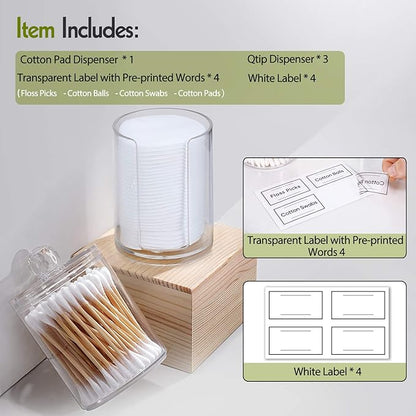 AOZITA 4 Pcs, Acrylic Qtip Holder Dispenser for Cotton Swab, Ball, Round Pads, Floss Picks - Clear Plastic Apothecary Jar Set for Bathroom Canister Storage Organization, Vanity Makeup Organizer